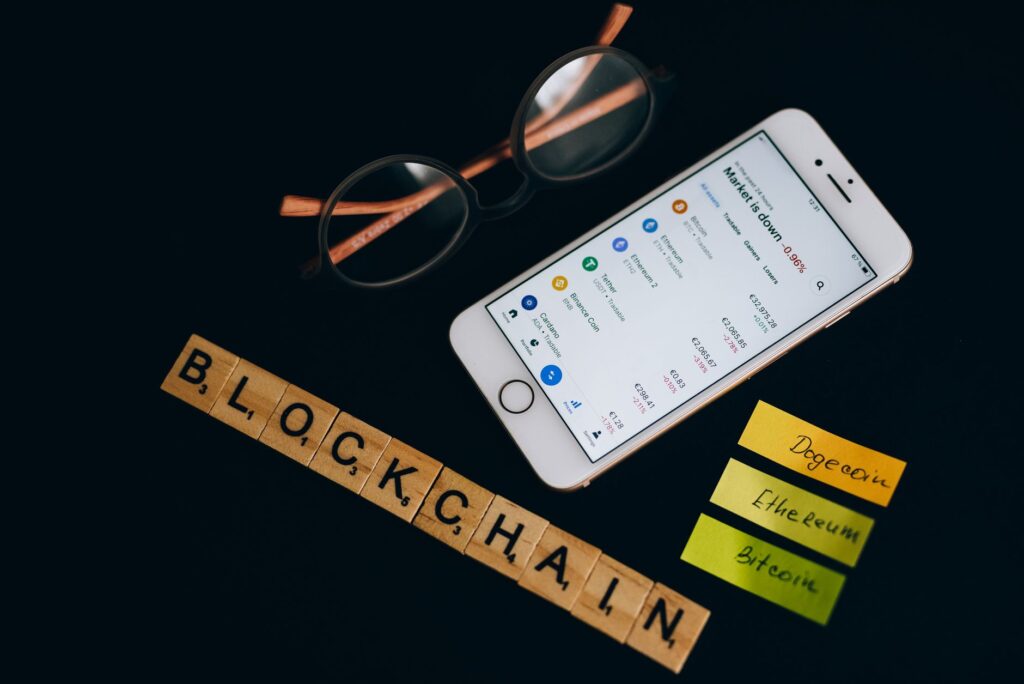 Illustration of blockchain technology with interconnected blocks.