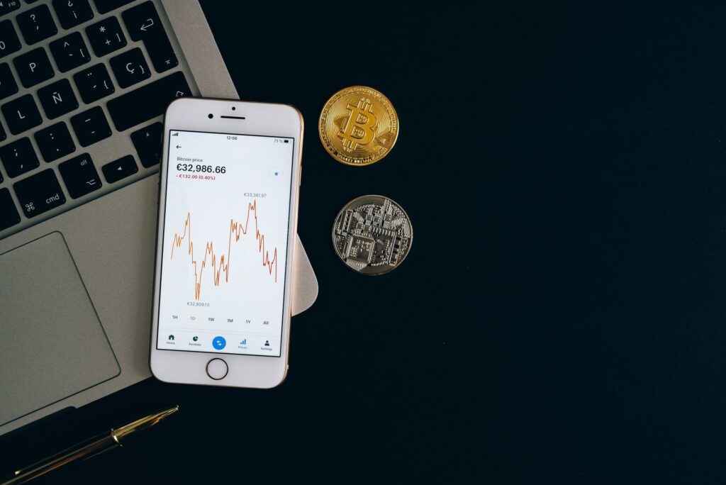 Cryptocurrency exchange interface with digital currency icons.